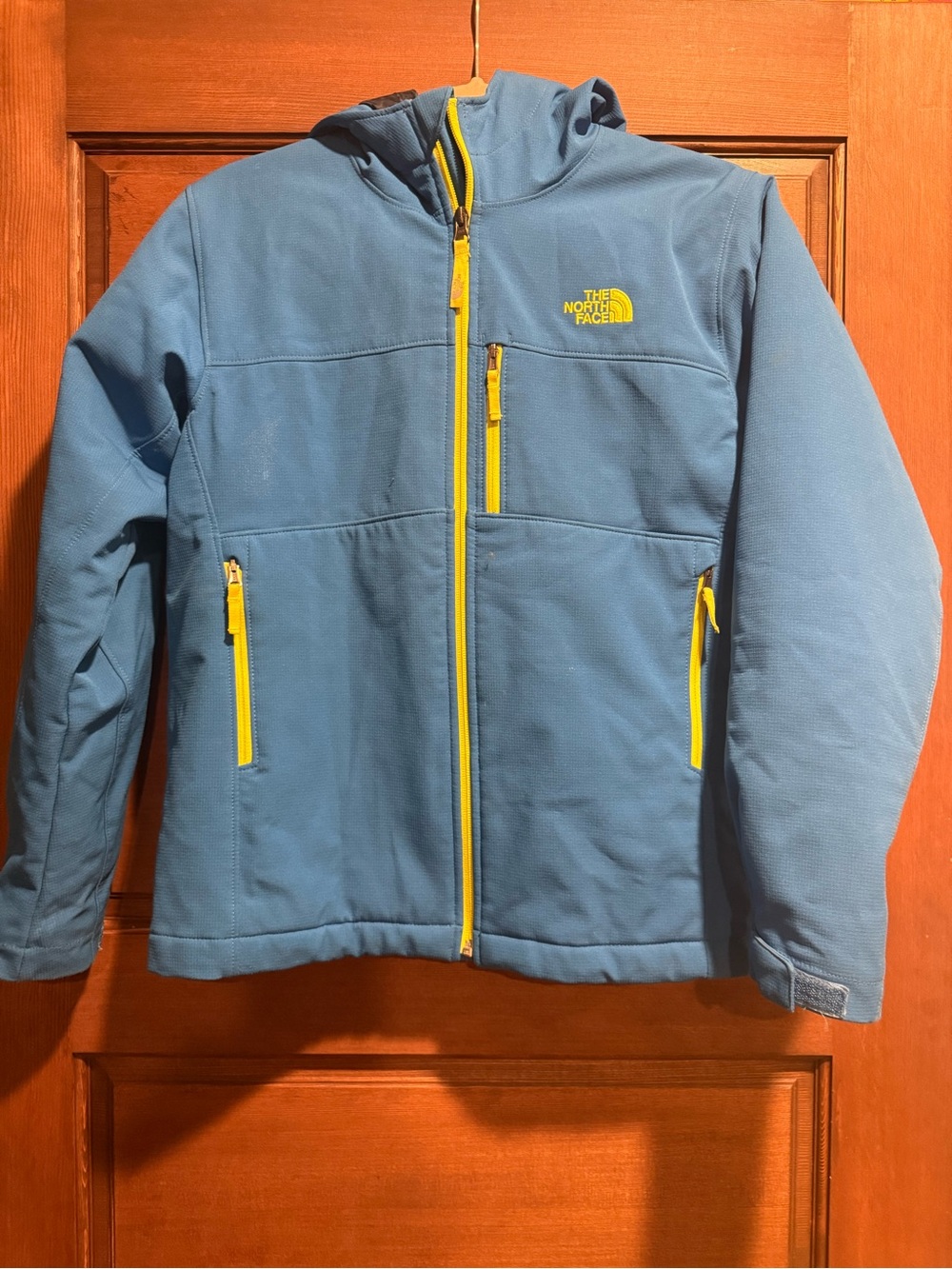 The North Face Kids' 14 / 16 Blue Hooded Softshell Jacket with Yellow Accents